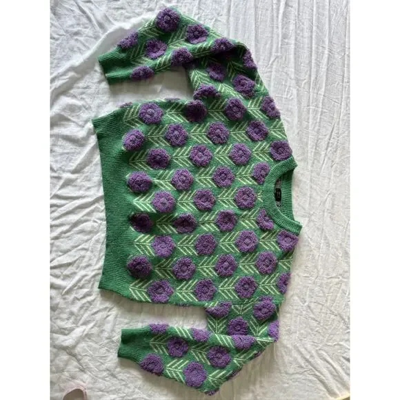 Green Purple Floral Knit Pullover Cottagecore Women's Sweater S/M - Picture 10 of 10